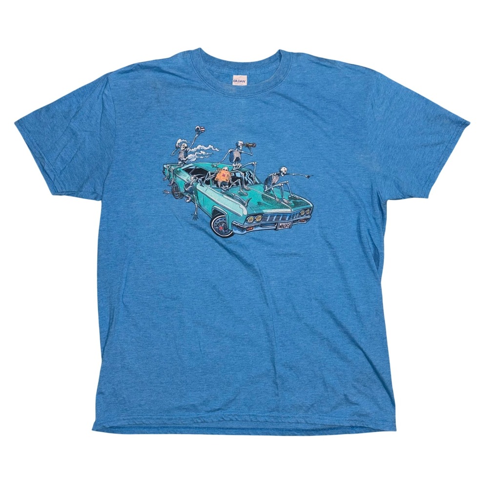 Lagunitas Brewing Waldos Special Ale T Shirt Mens XL Blue Skeleton Car Graphic